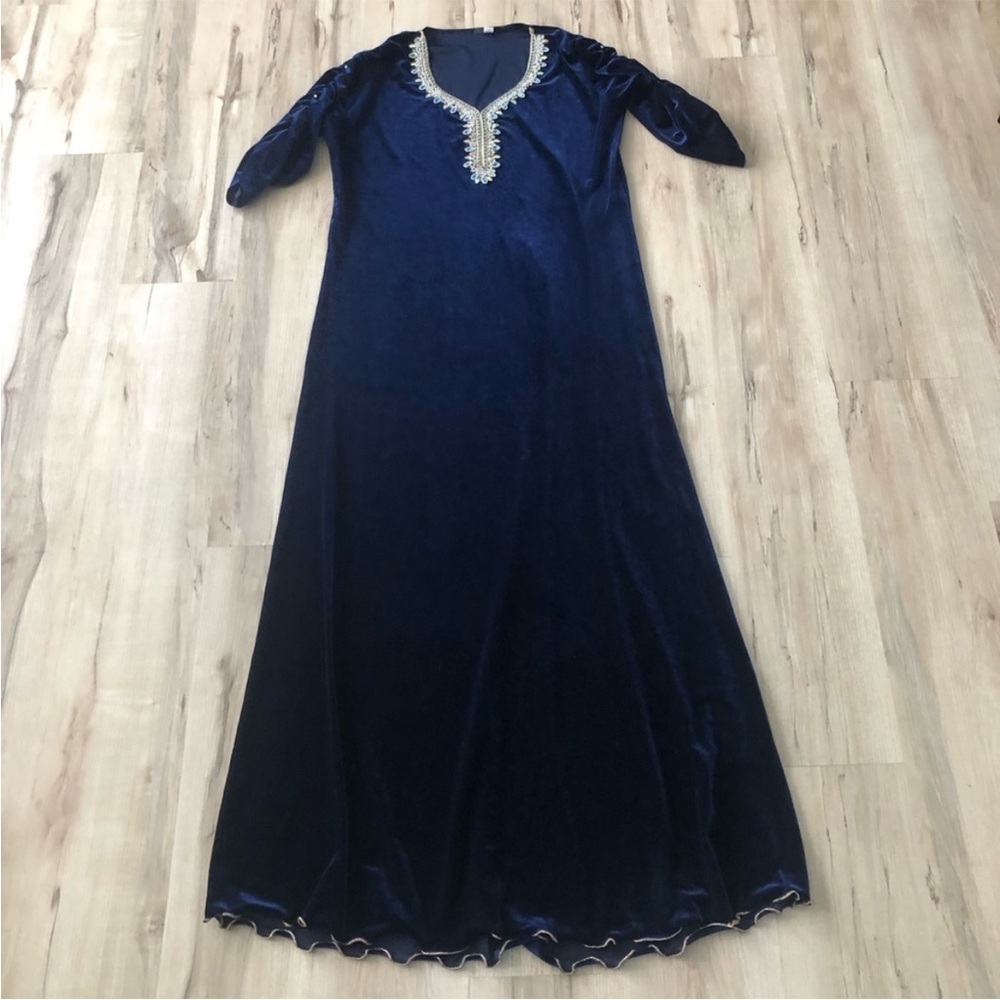 Navy Velvet Embroidered V-Neck Maxi Dress